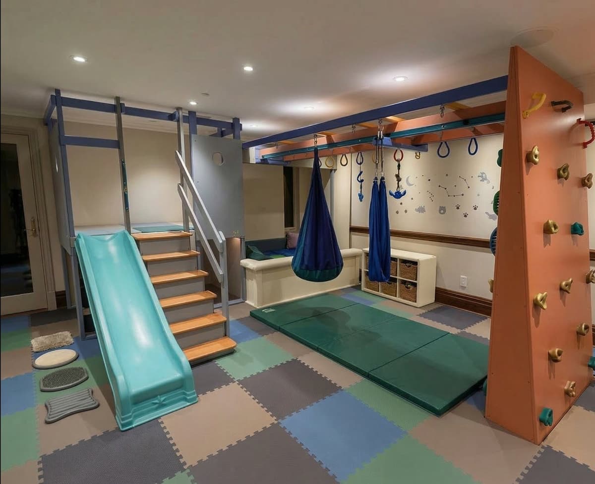 Calm-toned playroom sensory gym with teal slide, wooden stairs, blue pod swing, and peach climbing wall
