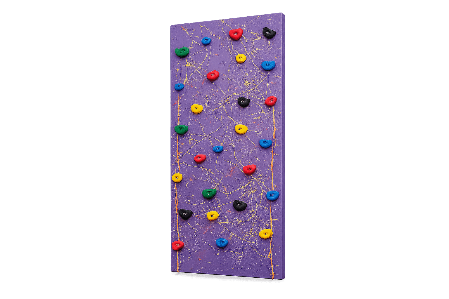 Purple splatter-painted climbing wall panel with colorful holds, custom built by Spectrum Sensory Gyms