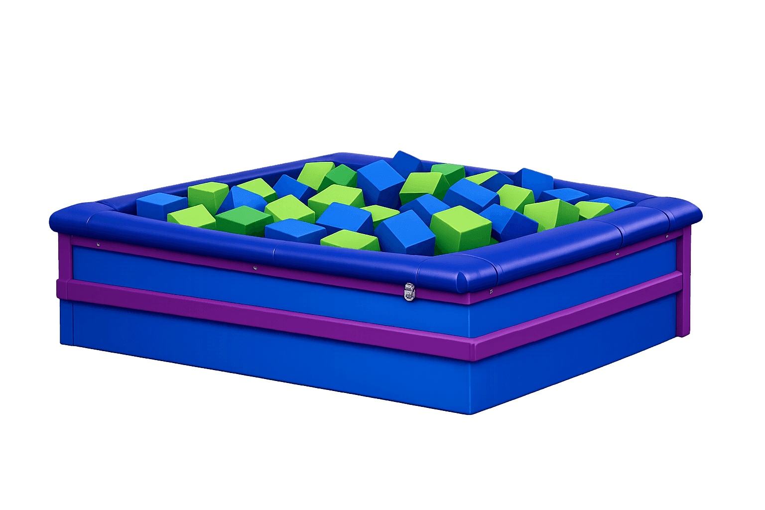 Blue and purple foam pit filled with green and blue foam cubes