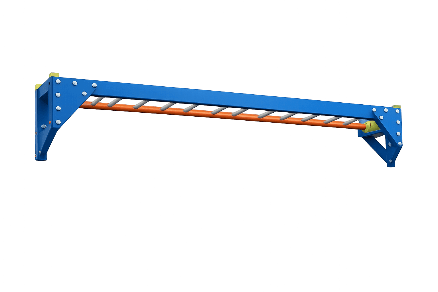 Blue and orange wall-mounted monkey bar beam with metal rungs