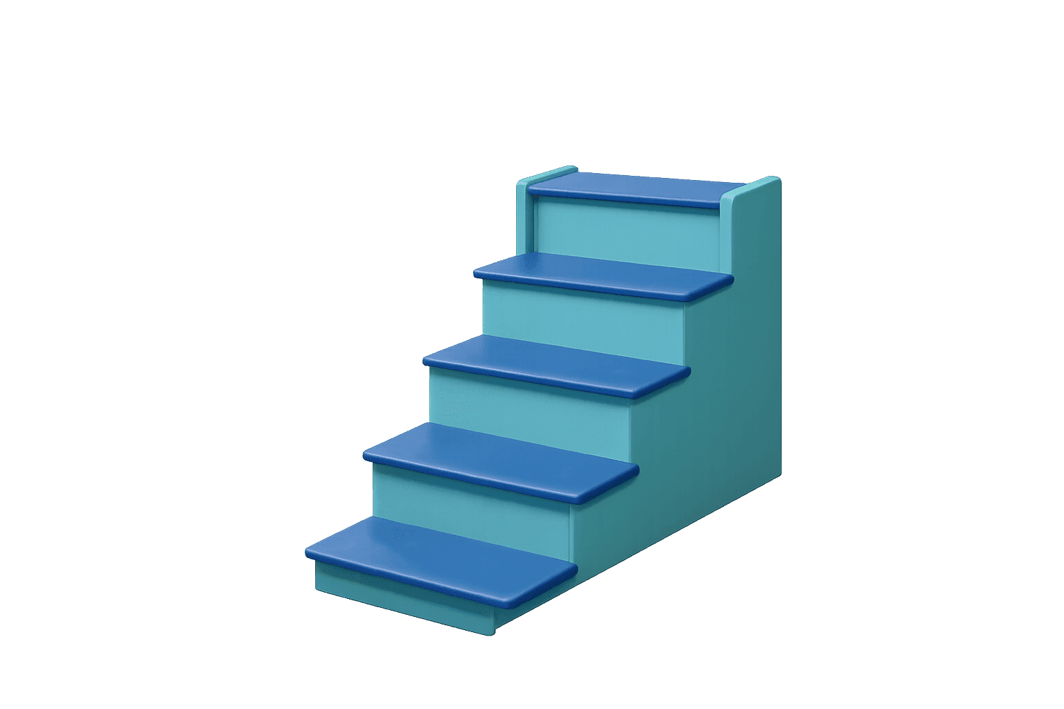 Teal and blue five-step padded stairs with side rails for sensory gym play