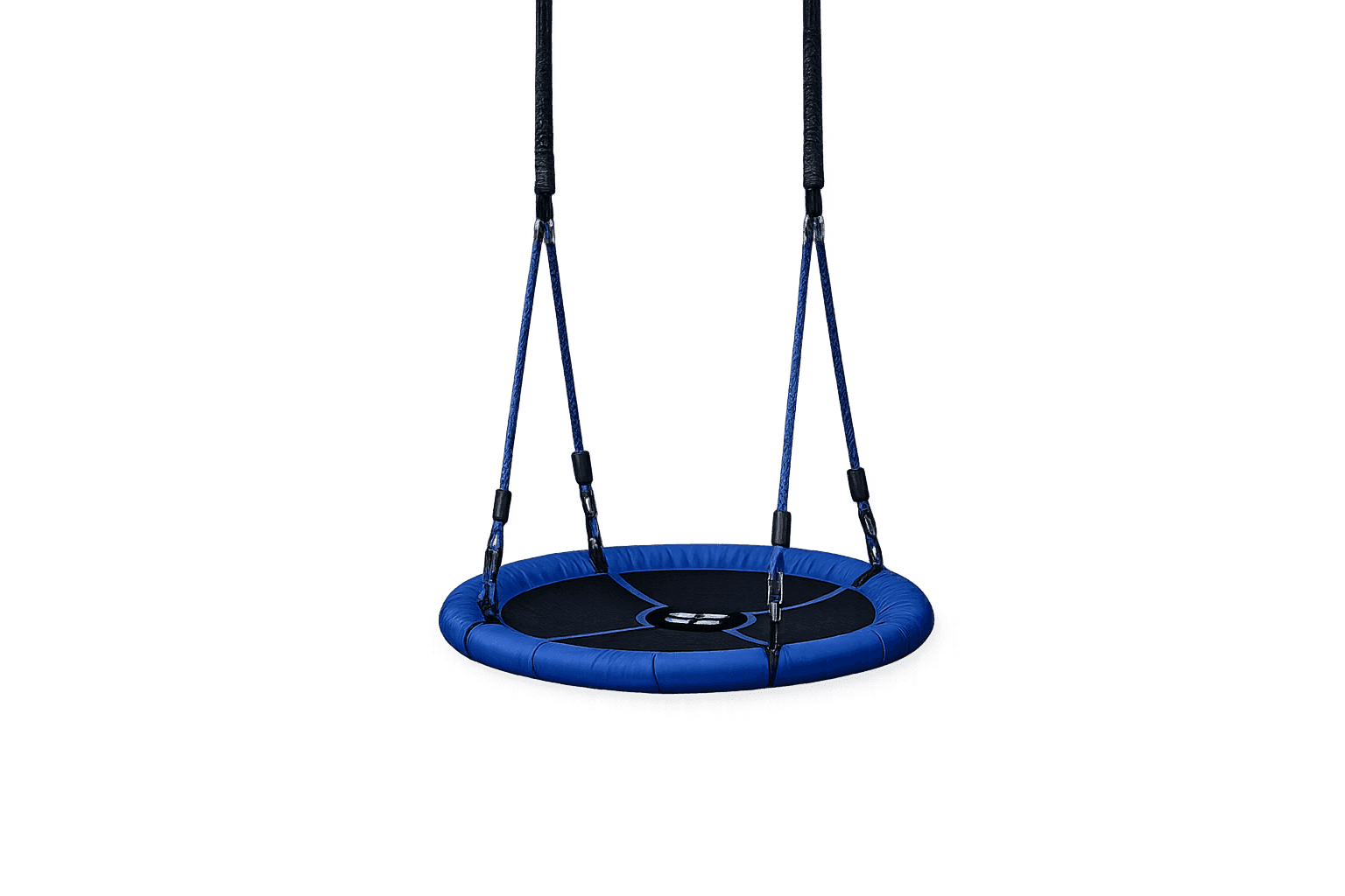 Blue round saucer sensory swing with padded rim hanging from ropes