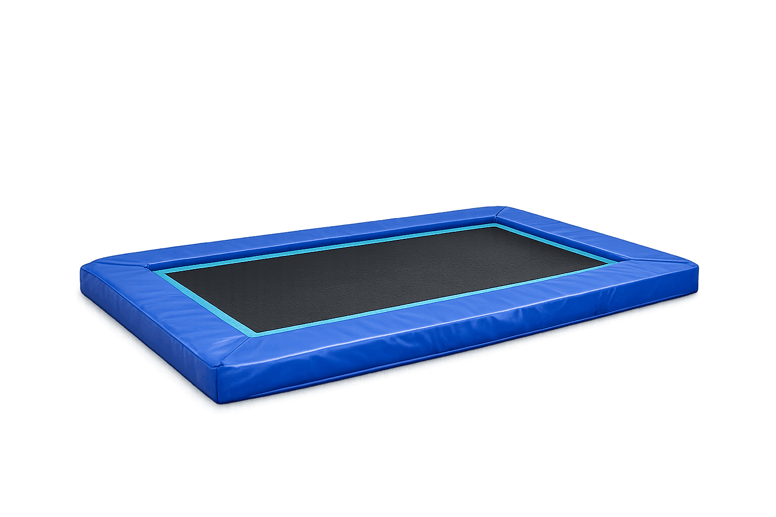 Low rectangular trampoline with blue safety padding for sensory gym play