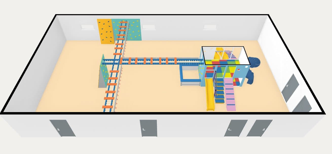 3D floor plan rendering of a custom sensory gym layout with climbing walls, monkey bars, slide, and playhouse
